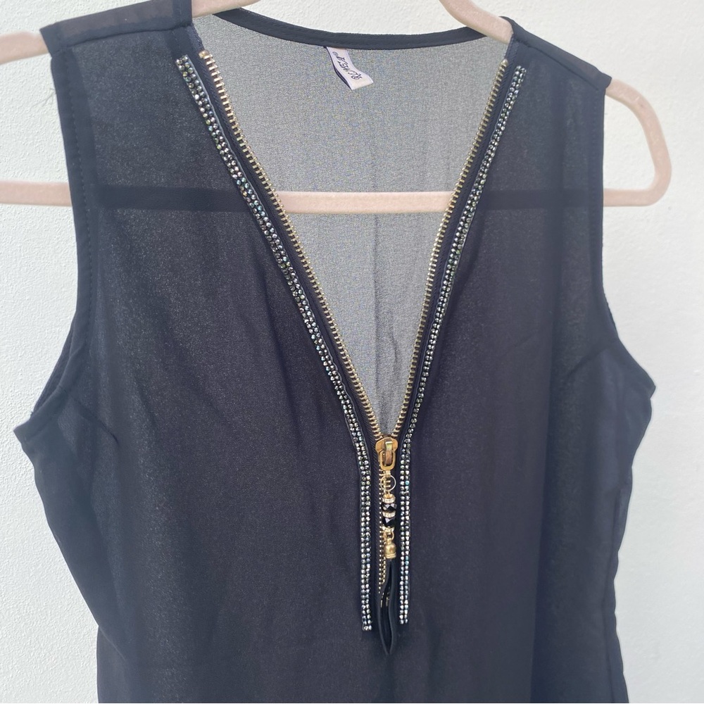 Y2K Black Chiffon Sheer Rhinestone Sleeveless Zip Blouse Size Medium